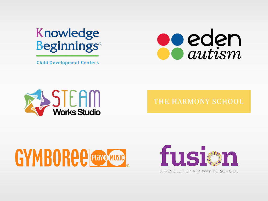 logos for Knowledge Beginnings, Eden Autism, Bright Horizons, The Harmony School, Seam Works Studio, fusion, and Gymboree