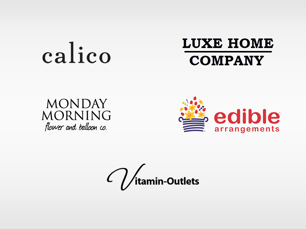 logos for Calico, Luxe Home Company, Exquisite Bride, Edible Arrangements, GStar Sports, Monday Morning Flower and Baloon Co., and Vitamin-Outlets