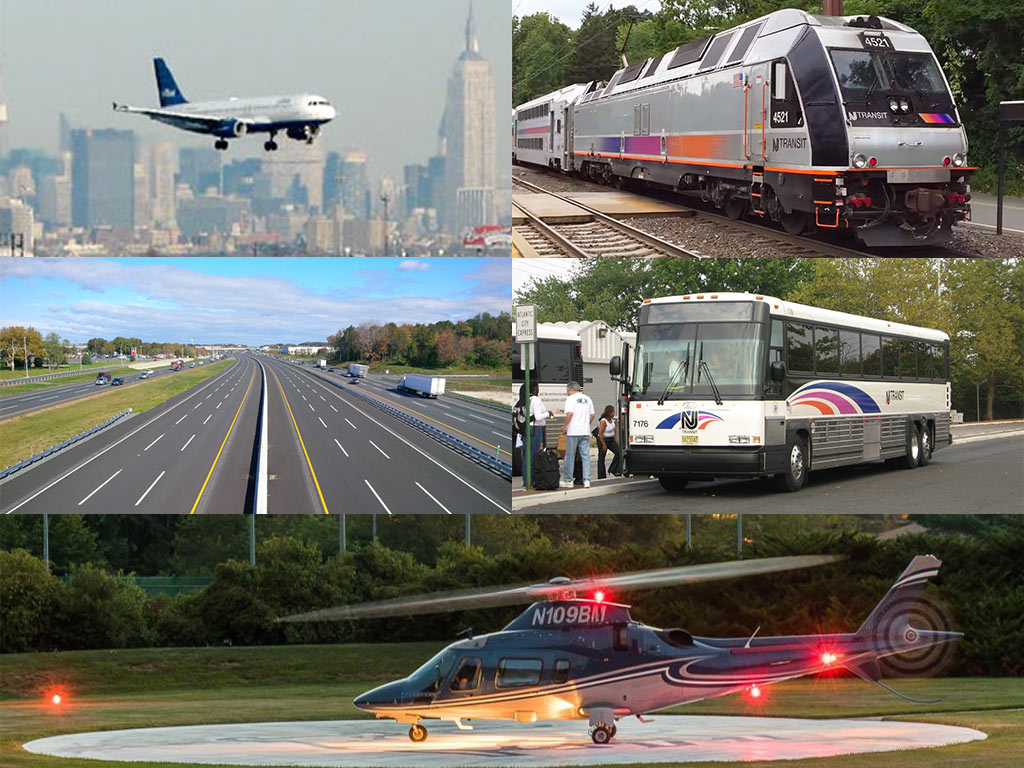 photos of an airplane, New Jersey Transit train, highway, New Jersey Transit bus, and helicopter on a landing pad